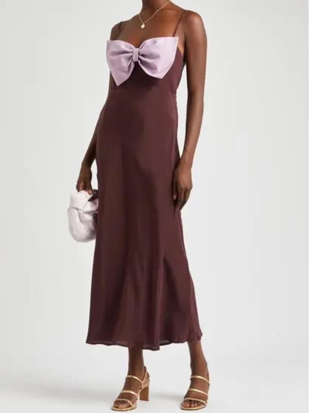 RIXO Leanne Bow-Detail Chocolate Lilac Silk Dress NWT